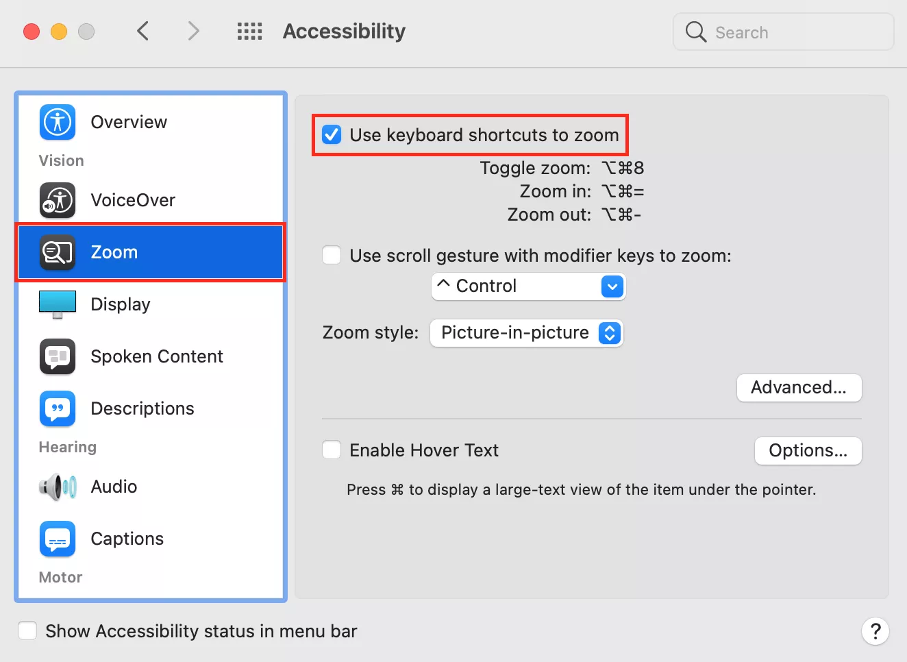 Zoom shortcuts on Mac