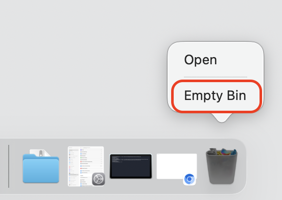 Finder window on macOS showing the Empty Bin action repeated for each Chromium cache and preferences folder to remove all components.