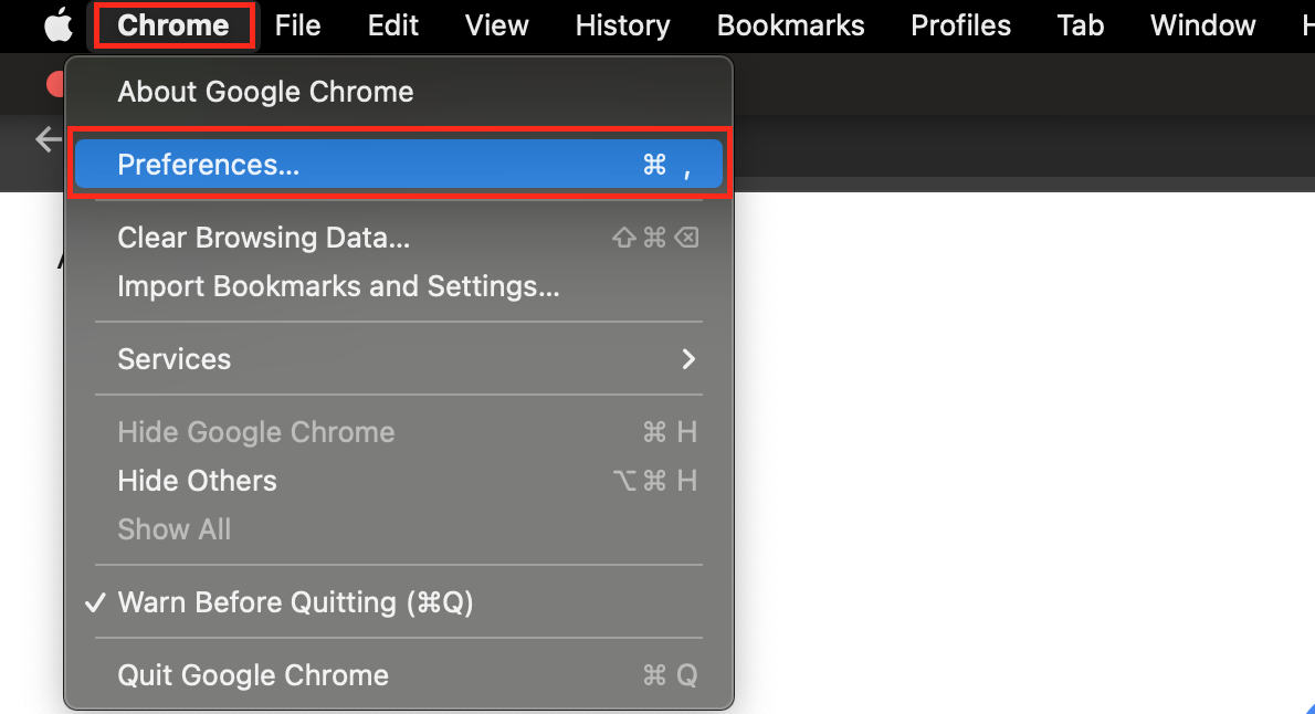 To remove Hulu caches in Chrome, click the Chrome option in the toolbar and then go to Preferences.