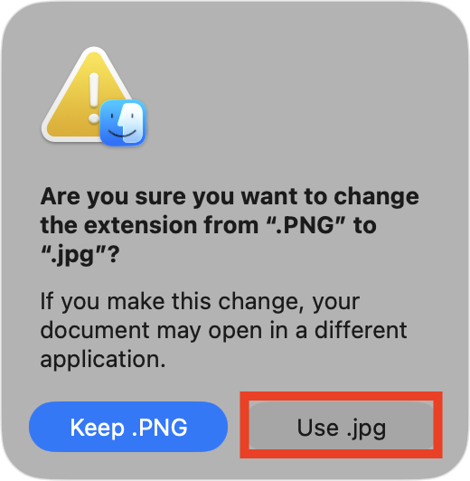 A confirmation prompt for renaming a file on Mac. If you're wondering how to fix corrupted files on Mac, try changing the file's format and then reopening it.