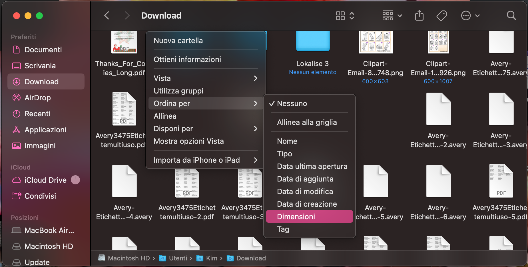 Per ordinare i download per dimensione sul Mac, fai clic con il tasto destro all’interno della cartella Download, poi fai clic su Ordina per e seleziona Dimensioni.