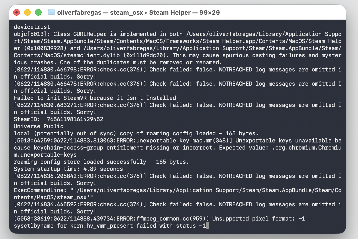 The Terminal window on your MacBook shows Steam's startup error messages, helping you find the exact issue on macOS.