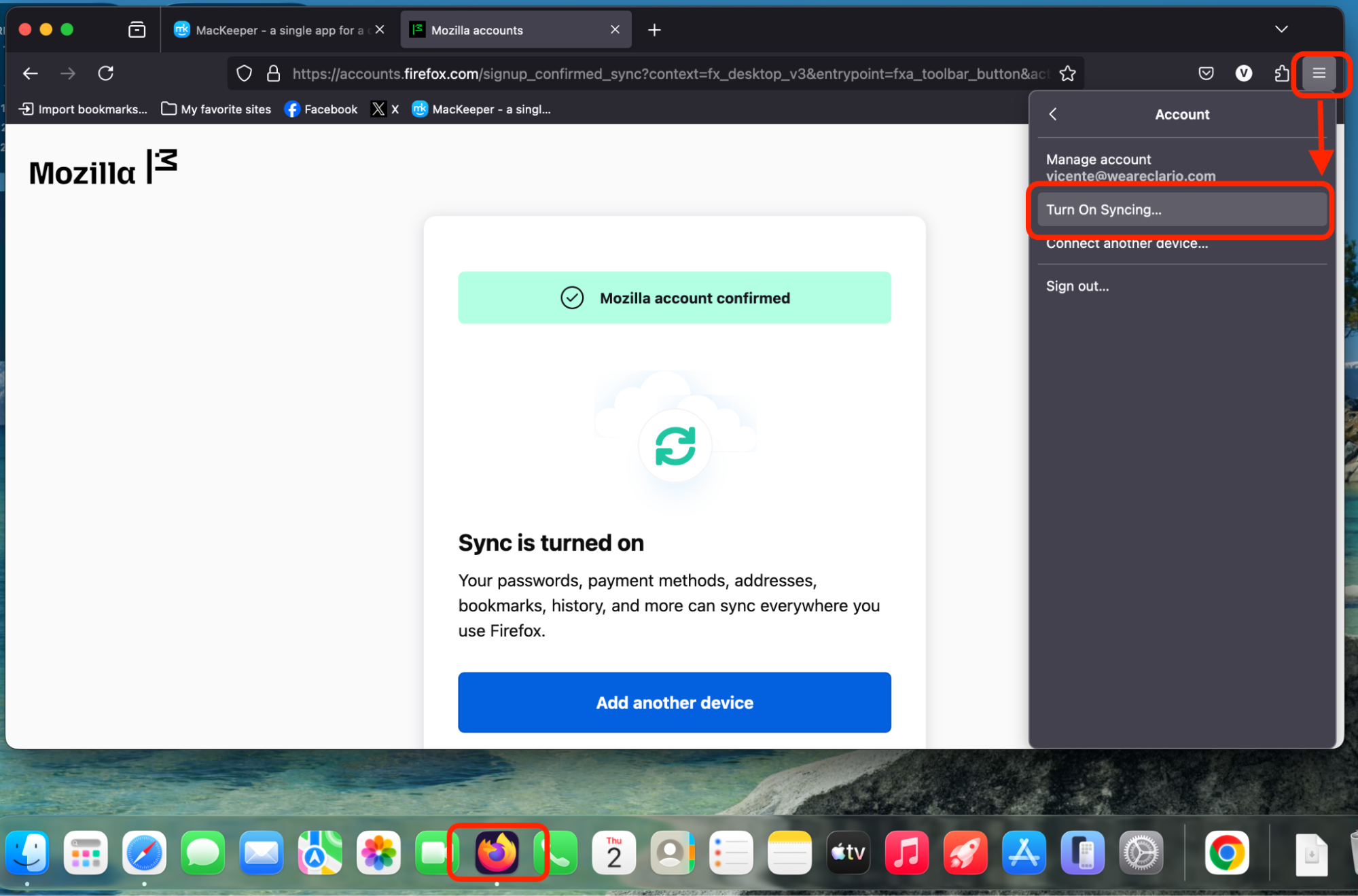Before uninstalling Firefox from your MacBook, sync your Firefox account from the Application menu by selecting 'Turn on Sync.'