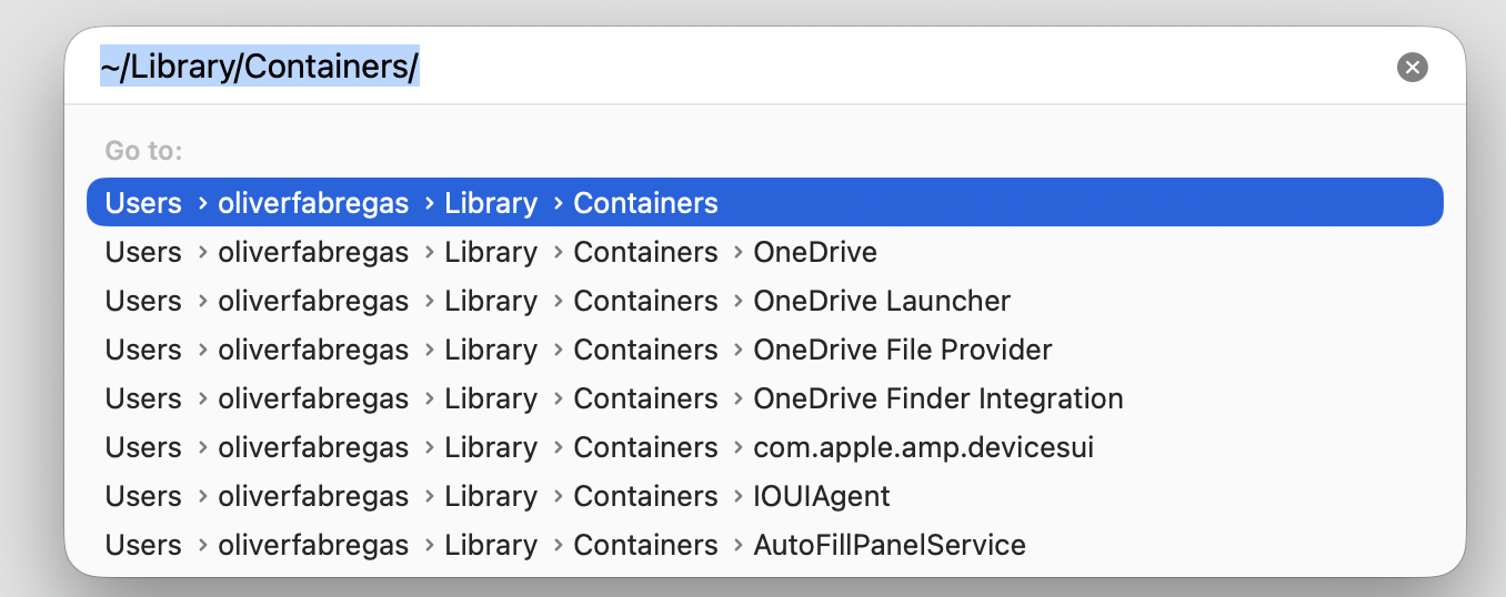 Finder Go to Folder box on macOS with ~/Library/Containers/ typed to locate the Microsoft Office file cache on your iMac.
