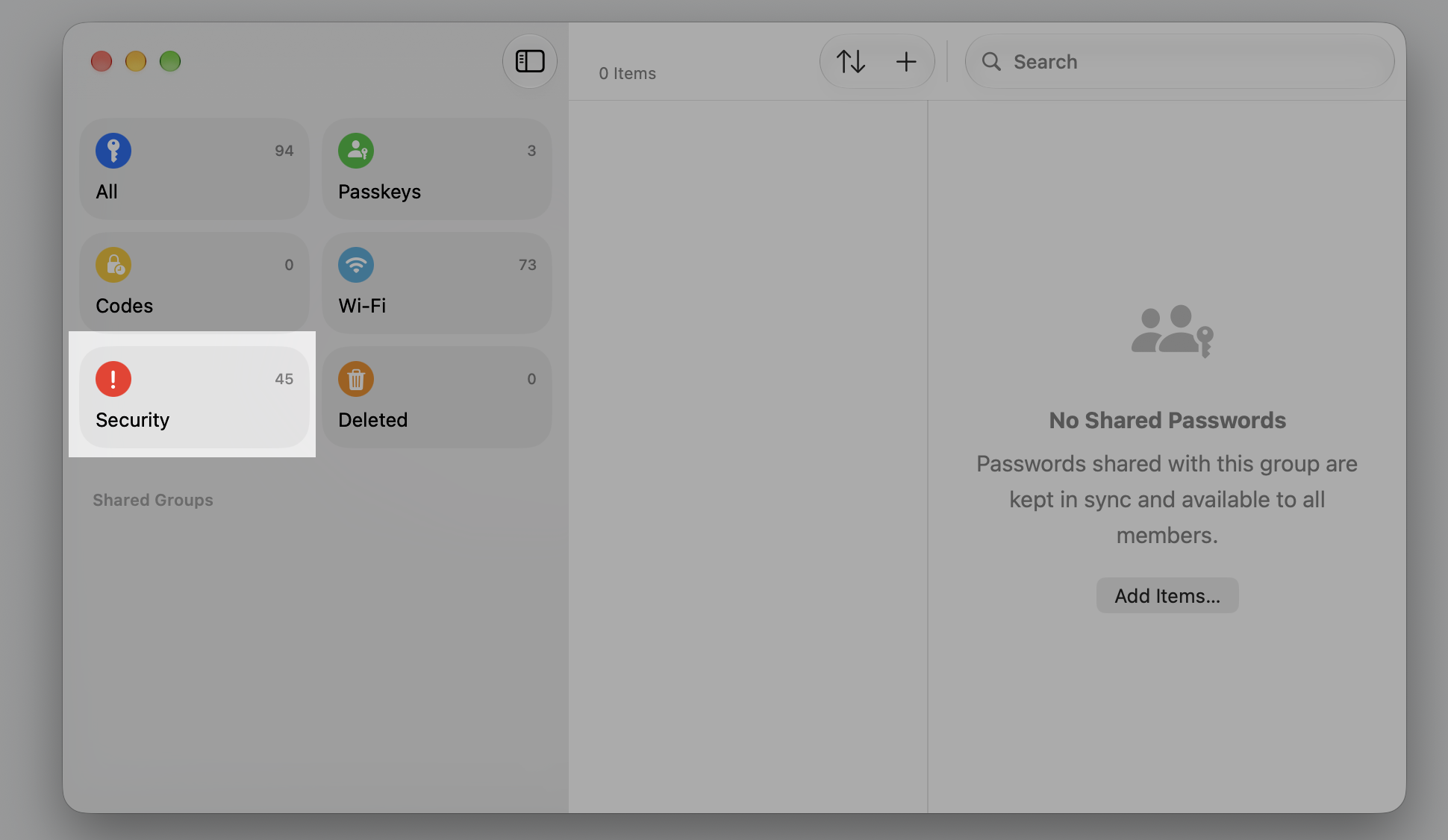 The Passwords app on macOS Sequoia, selecting Security in the sidebar to review weak, reused, or compromised iCloud Keychain logins.