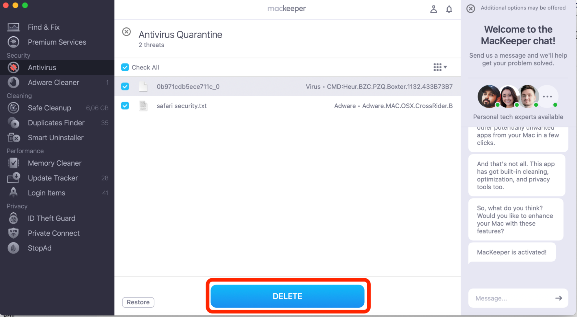 After the scan is complete, follow the on-screen instructions in the MacKeeper app to remove any threats it finds.
