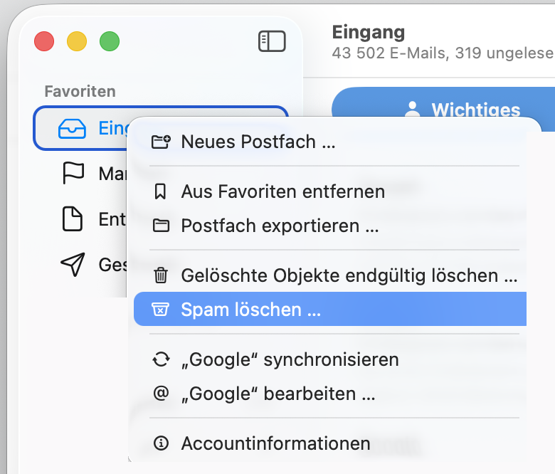 Teil der Apple E-Mail-App mit geöffnetem Rechtsklick-Menü für ein Postfach. Junk-E-Mail entfernen ist hervorgehoben.