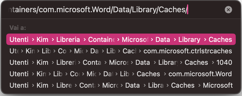 Inserisci il percorso ~/Library/Containers/com.microsoft.Word/Data/Library/Caches/ nella casella Vai alla cartella e premi Invio per aprire la directory della cache di Word.
