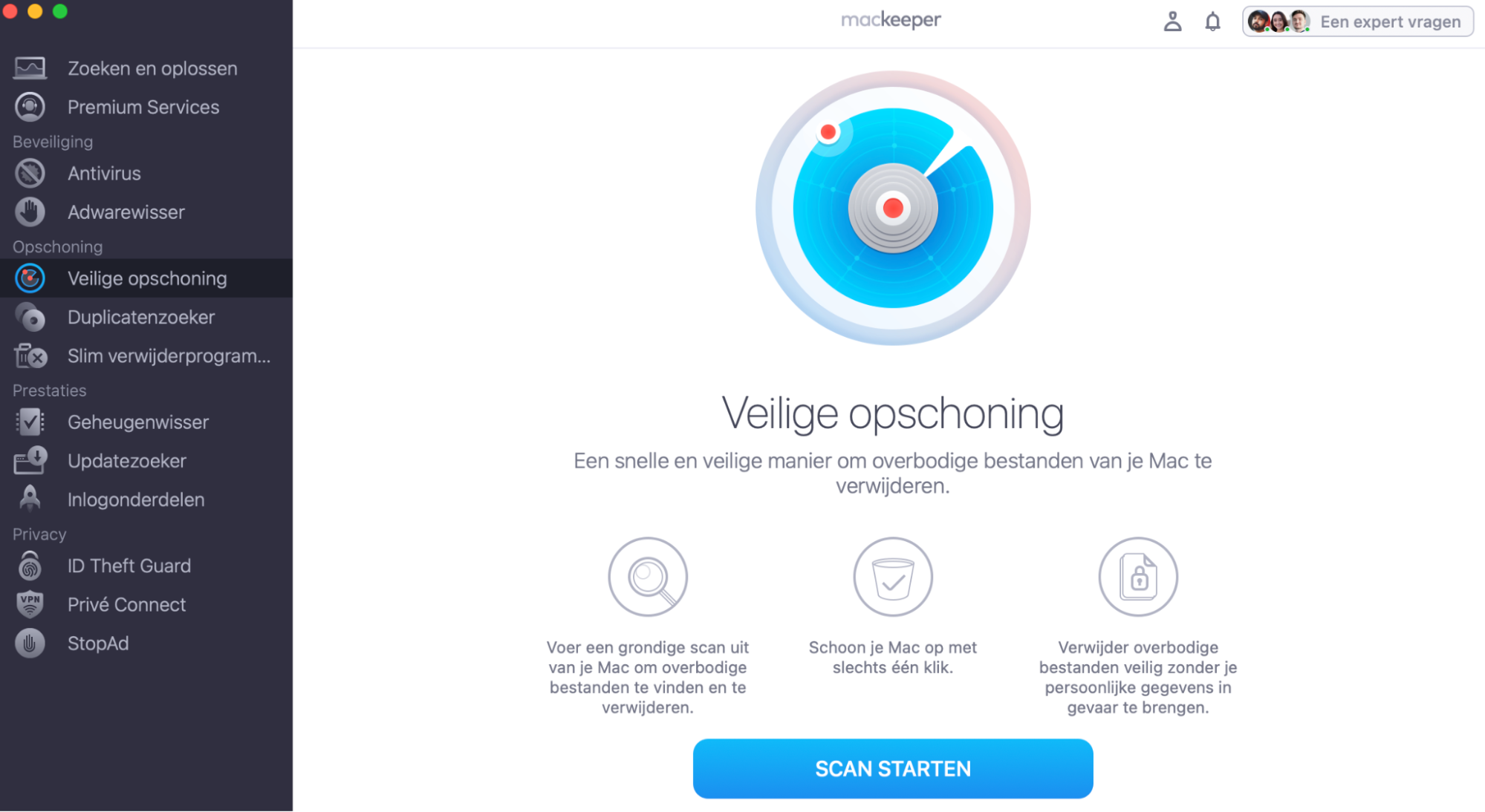 Om rommelbestanden van je Mac te verwijderen, open je MacKeeper en selecteer je Veilige opschoning. Klik vervolgens op Start scan.