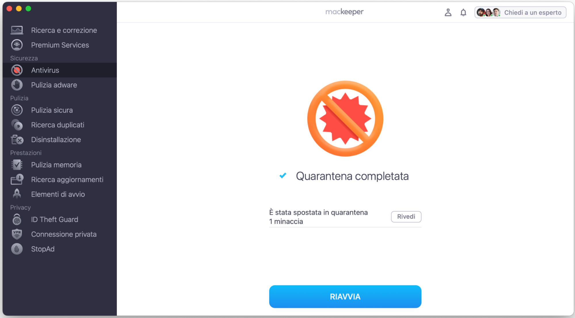 Lo strumento Antivirus in MacKeeper per Mac. Dopo aver messo in quarantena le minacce, clicca Riavvia.