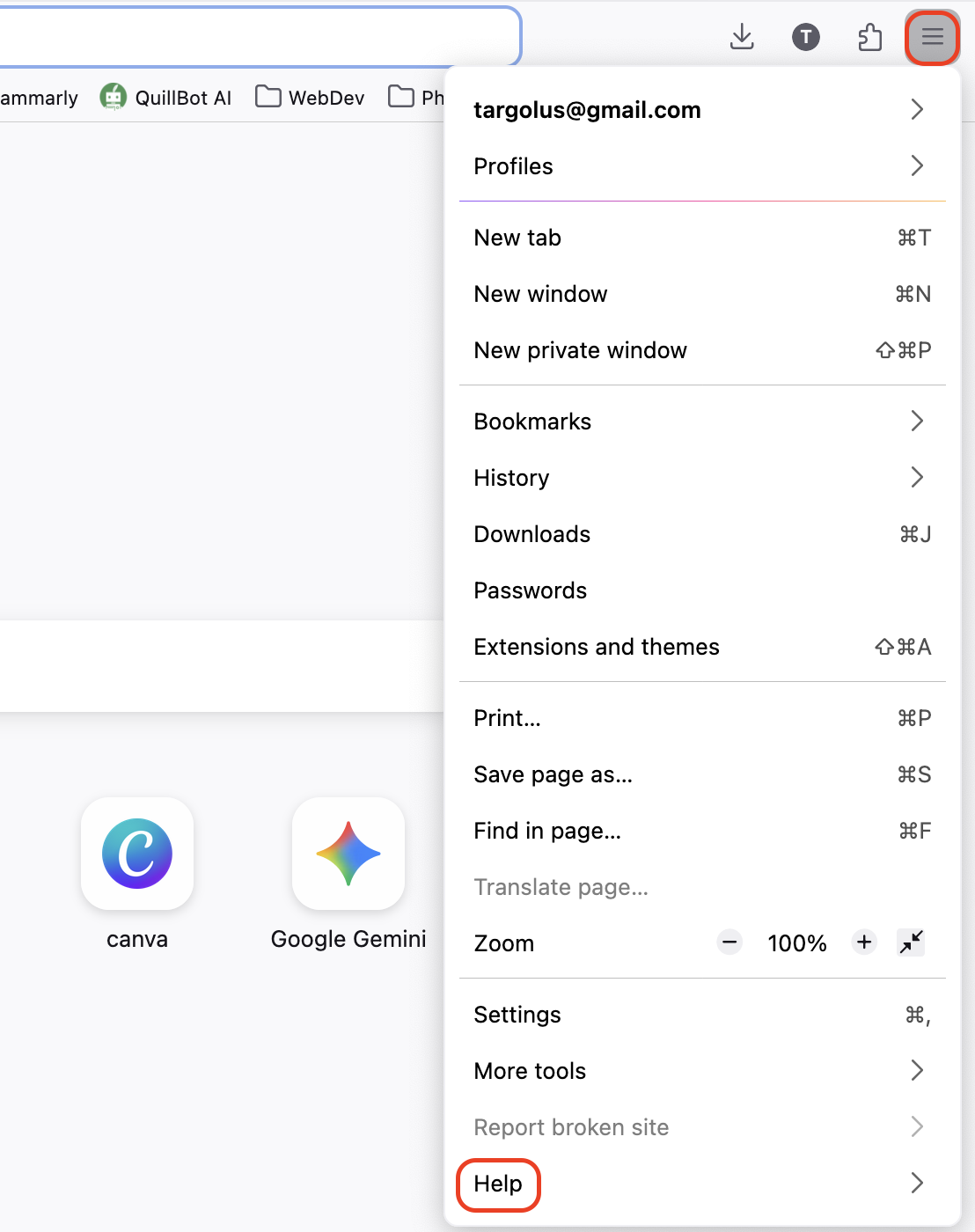Open Mozilla Firefox, click the menu icon in the top-right corner, and select Help to access troubleshooting and support tools.