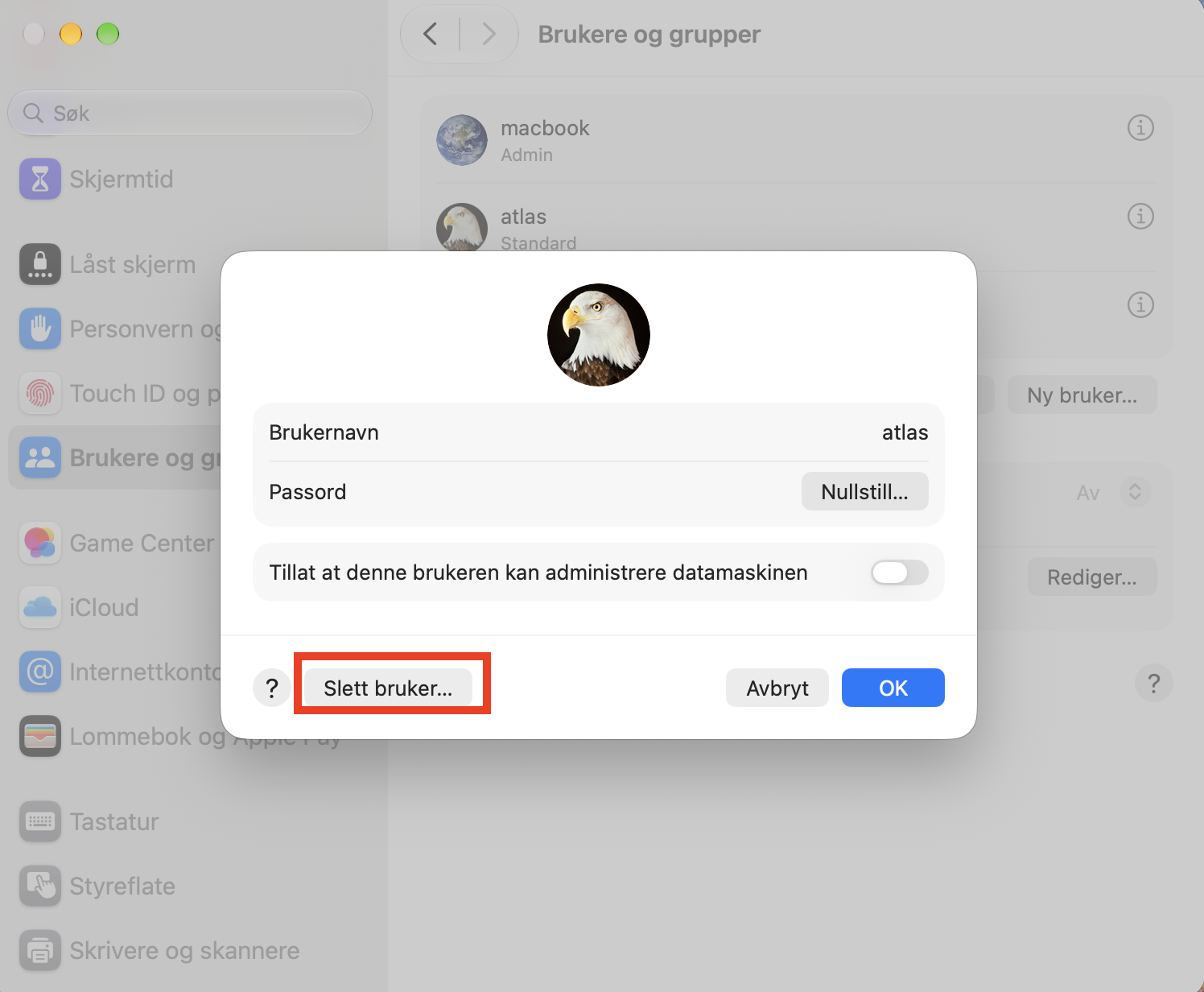 For å fjerne en uønsket profil på macOS klikker du på Slett bruker-knappen i det nye vinduet.