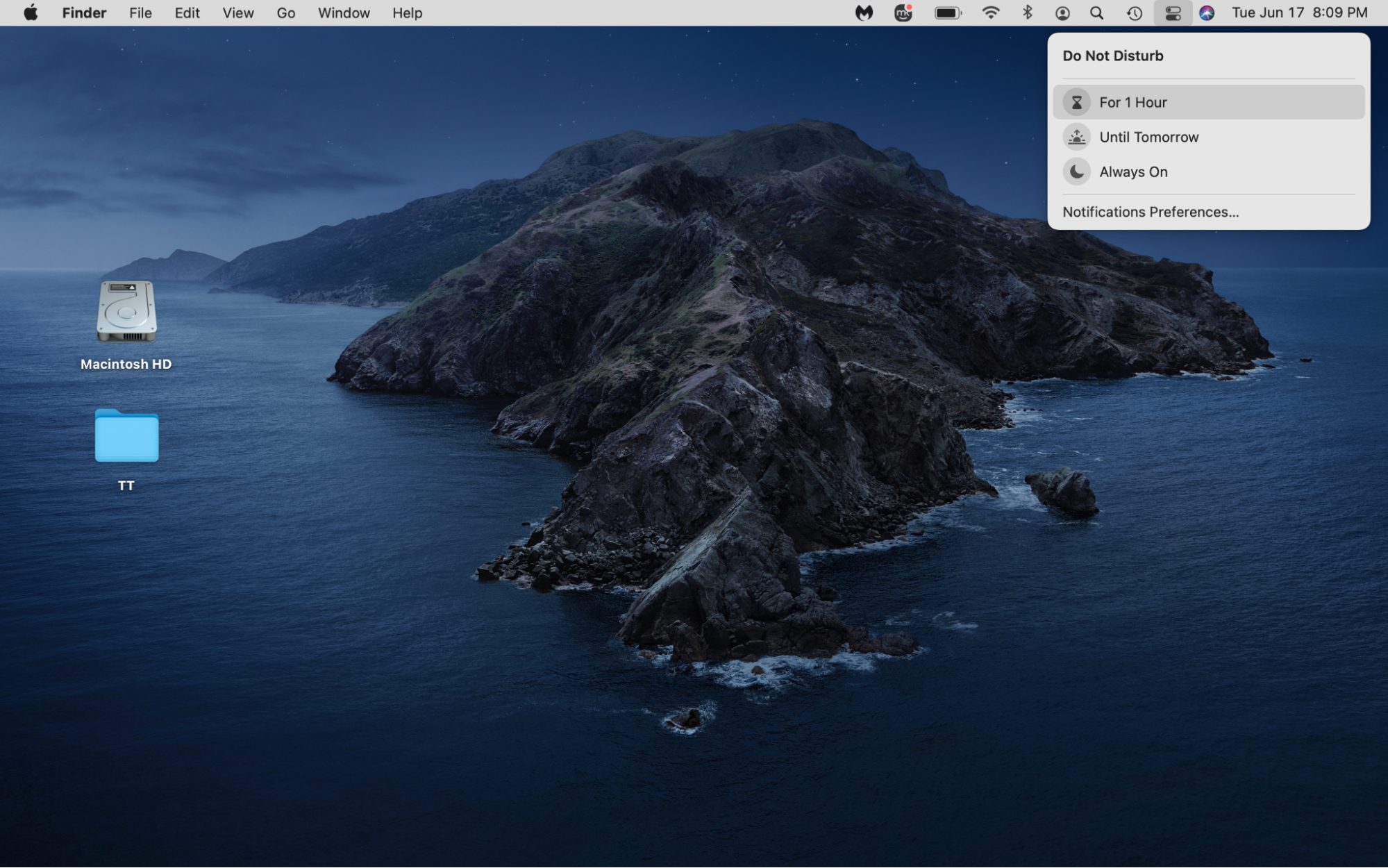 The Control Center is opened on a Mac desktop. After selecting Do Not Disturb, choose how long you want to mute notifications for.