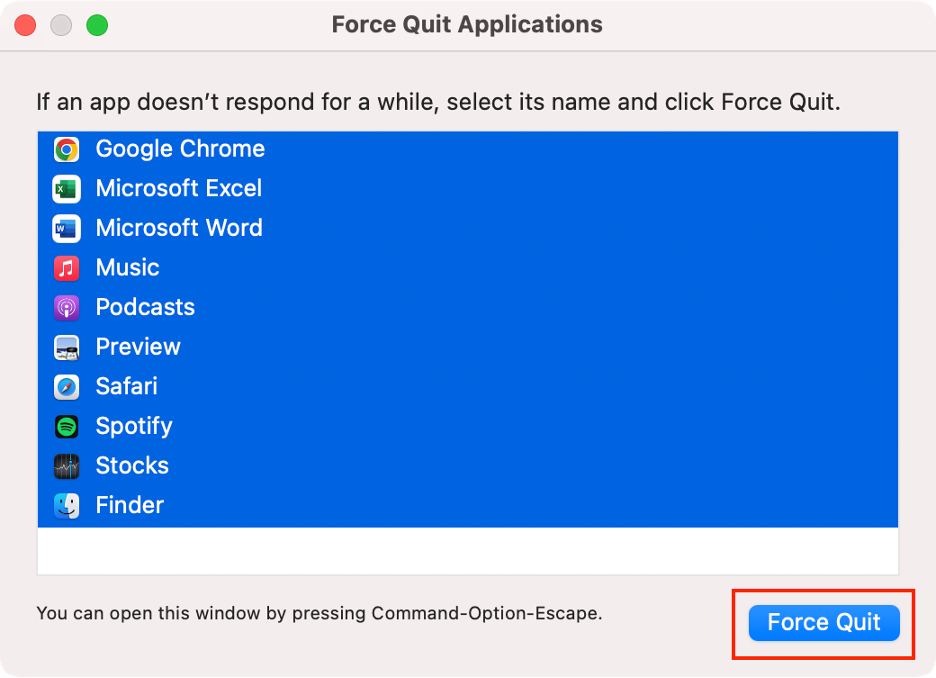 To fix your Mac’s Internet issues, select all apps in Force Quit Applications, and click Force Quit.