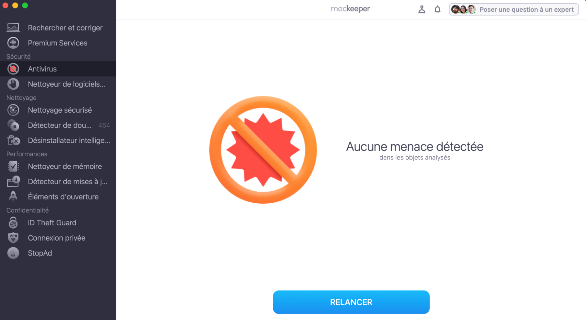 L’Antivirus de MacKeeper, une fois l’analyse terminée et sans menace détectée. Comment lancer une analyse antivirus : guide pour bloquer les fausses alertes McAfee sur Mac.
