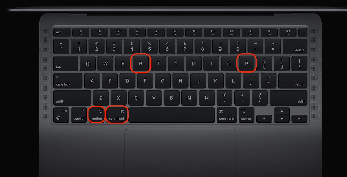 A mockup of a Mac keyboard is depicted. Hold down the Command + Option + P + R keys to fix the IMDPersistenceAgent issue by resetting NVRAM.