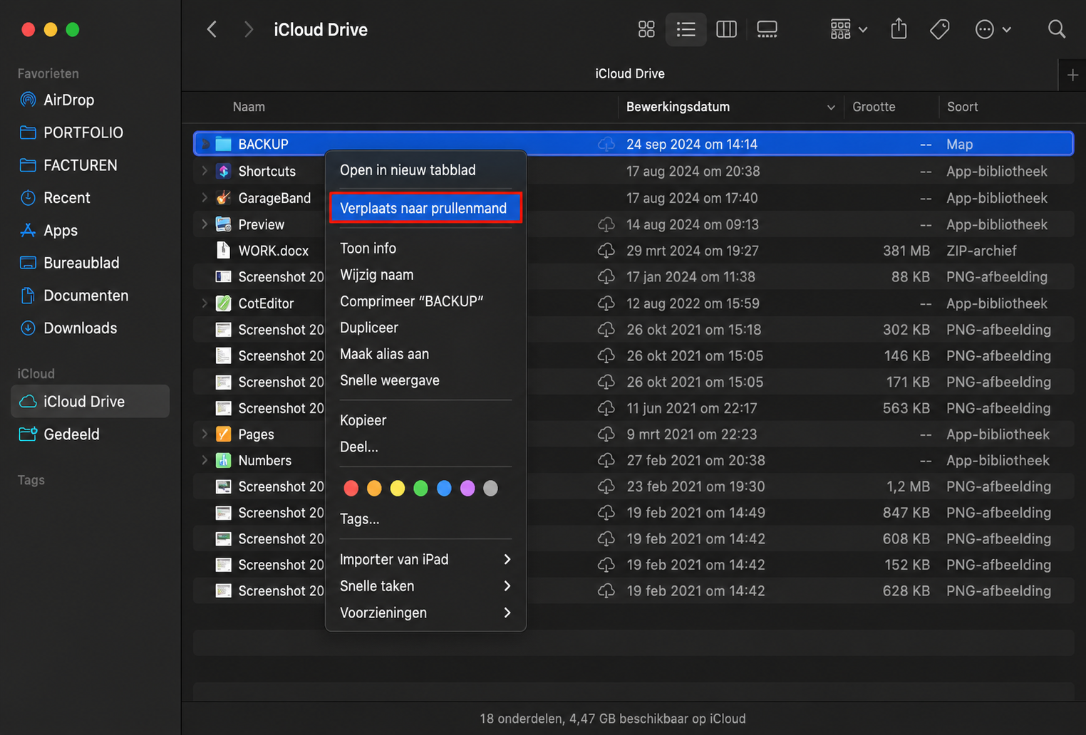 Om ruimte vrij te maken in je iCloud Drive, kies je Naar Prullenbak verplaatsen om bestanden te verwijderen. iCloud Drive neemt veel ruimte in op de MacBook.