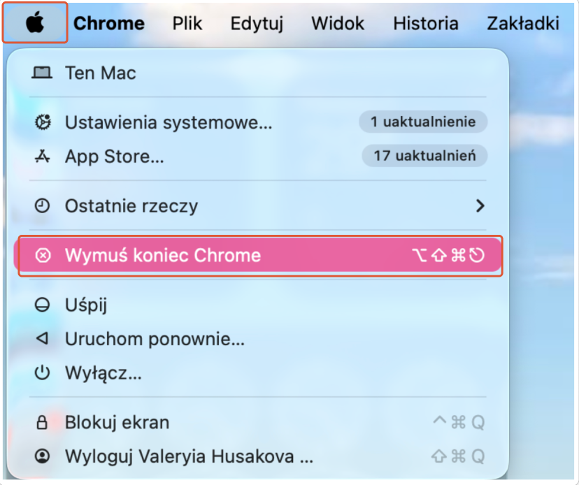 Aby wymusić zamknięcie aplikacji przez menu Apple, przejdź do menu Apple w lewym górnym rogu ekranu i wybierz Wymuś koniec z rozwijanego menu.