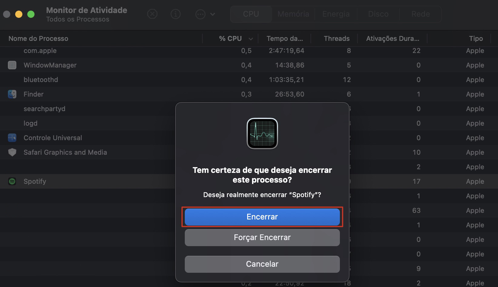 Quando você clica em X para encerrar um processo no seu computador Apple, aparece um pop-up perguntando se você deseja encerrar normalmente, forçar encerramento ou cancelar a ação. Nesse caso, escolha Encerrar