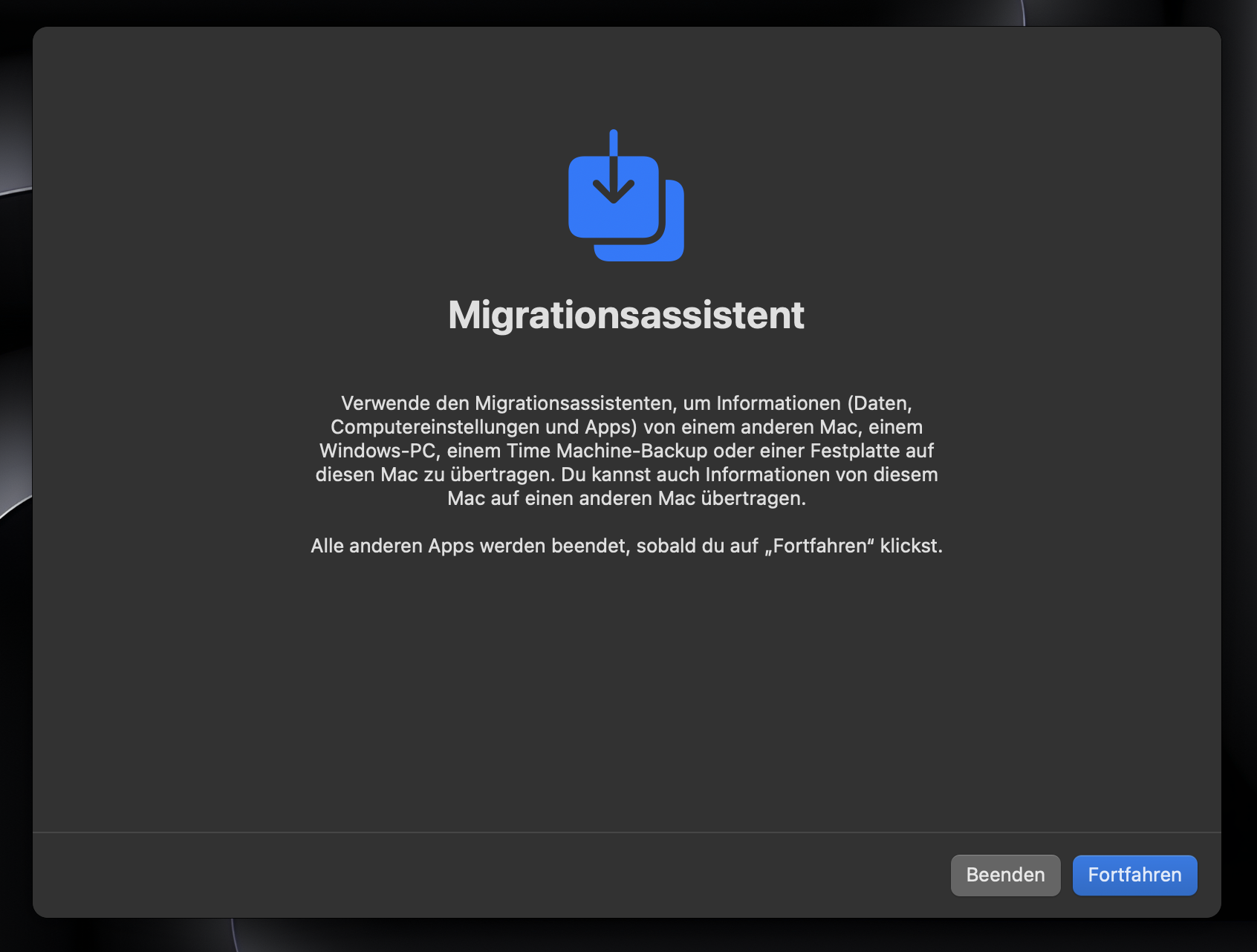 Der Migrationsassistent in macOS kann Ihren Mac aus einer Time Machine-Sicherung wiederherstellen. Führen Sie dieses Tool aus, nachdem Sie Ihren Mac auf die Werkseinstellungen zurückgesetzt haben. Der Migrationsassistent in macOS kann Ihren Mac aus einer Time Machine-Sicherung wiederherstellen. Führen Sie dieses Tool aus, nachdem Sie Ihren Mac auf die Werkseinstellungen zurückgesetzt haben.