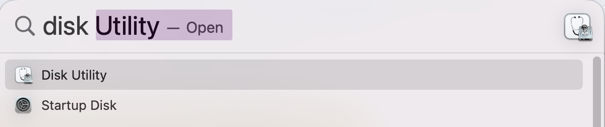 To check your external drive, you’ll first want to open Disk Utility. The quickest way is to click on the magnifying glass in the top right corner of your screen and search for Disk Utility.