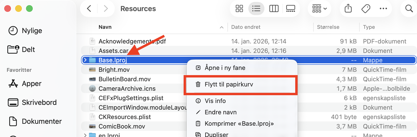 Mappen Resources for et program installert på Mac. Finn og fjern eventuelle .lproj-filer du ikke trenger, for å frigjøre plass på Mac.