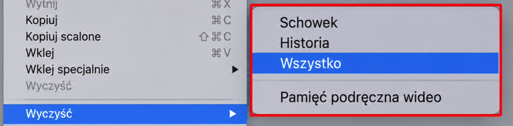 Menu Photoshopa na Macu z widocznymi opcjami Wyczyść. Aby wyczyścić pamięć podręczną Photoshopa, kliknij Wszystko, a następnie OK, aby potwierdzić.