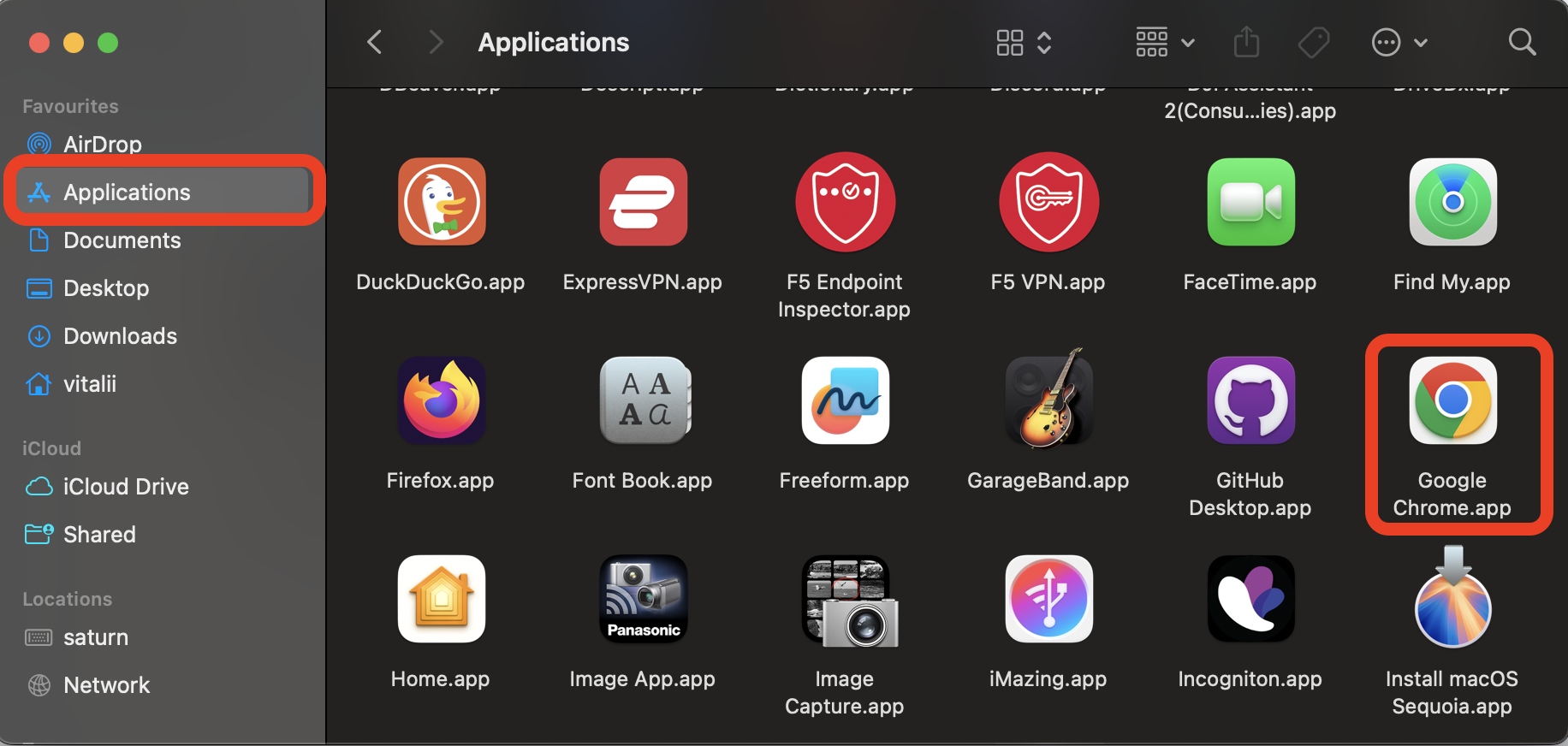 Finder Applications folder on macOS with the Google Chrome.app icon highlighted to drag the browser to the Trash on a MacBook for reinstall.