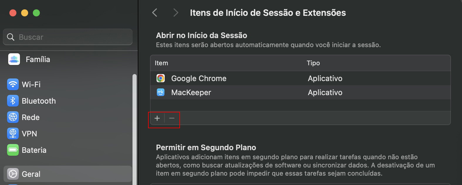 Se você não consegue esvaziar o Lixo no Mac, talvez precise fechar programas e desativar os itens de início de sessão. Vá em Ajustes do Sistema > Itens de Início de Sessão e clique no ícone de menos.