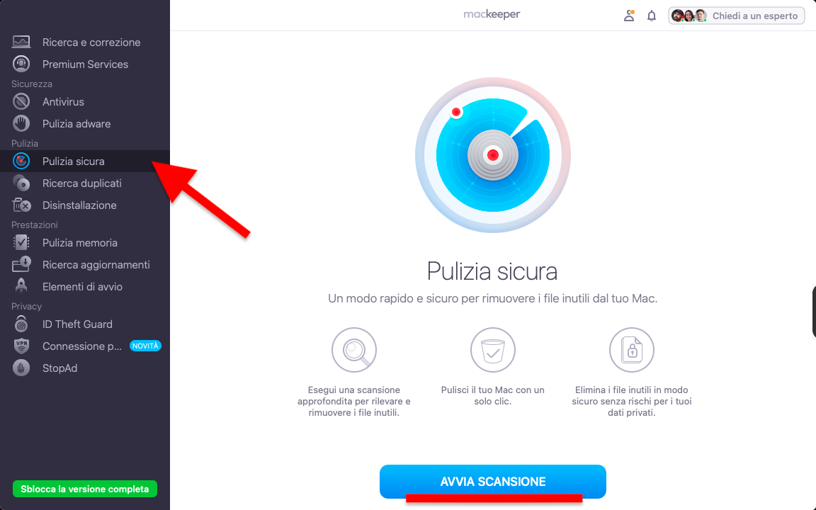 Utilizza lo strumento Pulizia Sicura di MacKeeper per trovare e rimuovere tutta la spazzatura digitale dal tuo Mac. Avvia MacKeeper e seleziona Pulizia Sicura dal menu a sinistra. Clicca Avvia scansione per avviare il processo.