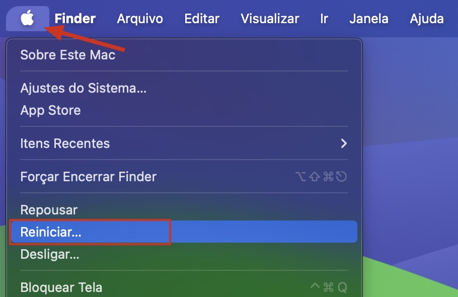 No canto superior esquerdo da tela, clique no logo da Apple para reiniciar o seu computador Mac. Confirme a reinicialização.