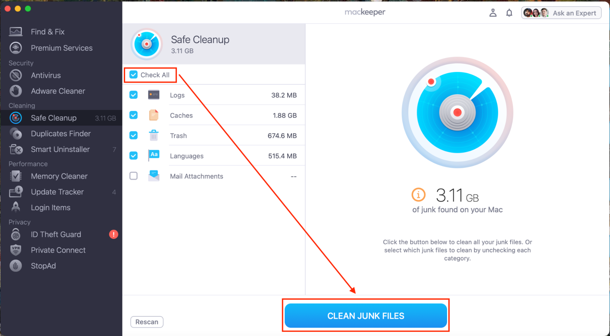 To remove purgeable space on macOS Catalina, after scanning your Mac, select the file types you'd like to delete and then click Clean Junk Files.