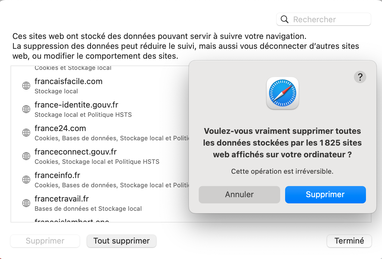 Cliquez sur Supprimer pour lancer le processus d'effacement des données stockées dans votre navigateur.
