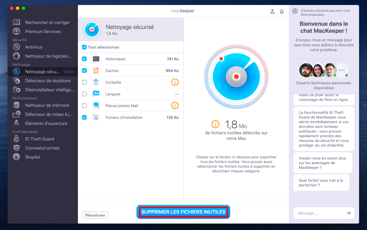 L'outil Nettoyage sécurisé de MacKeeper s'affiche sur un Mac. Cliquez sur Supprimer les fichiers inutiles pour les effacer, peu importe votre choix concernant macOS 15. L'outil Nettoyage sécurisé de MacKeeper s'affiche sur un Mac. Cliquez sur Supprimer les fichiers inutiles pour les effacer, peu importe votre choix concernant macOS 15.