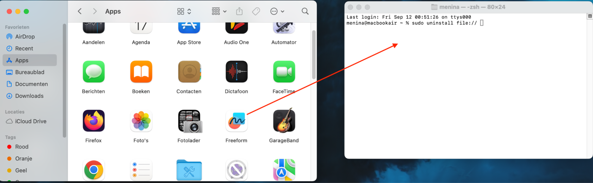 Het Mac-bureaublad waarop een bestand uit de map Programma’s naar Terminal wordt gesleept. Dit kun je gebruiken om een app te verwijderen met het commando ‘sudo uninstall file://.