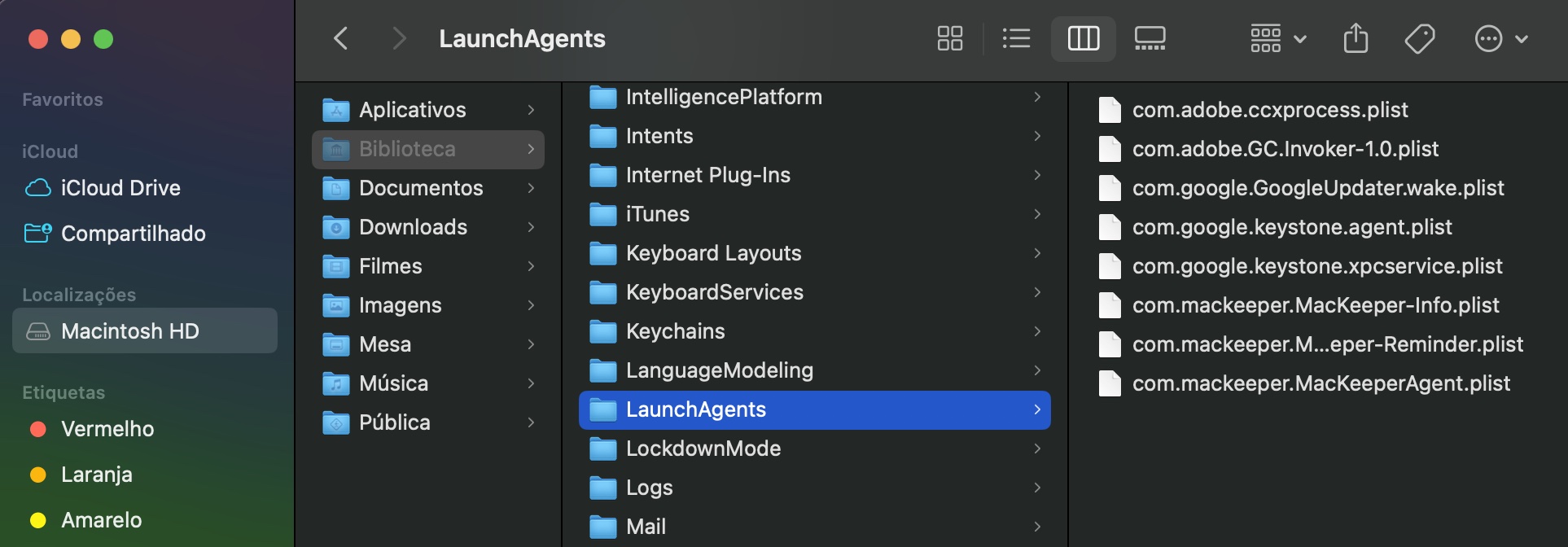 Para continuar, na pasta Biblioteca, localize e abra a pasta LaunchAgents. Aqui, você encontrará os itens de inicialização; escolha os que não precisar e delete-os.