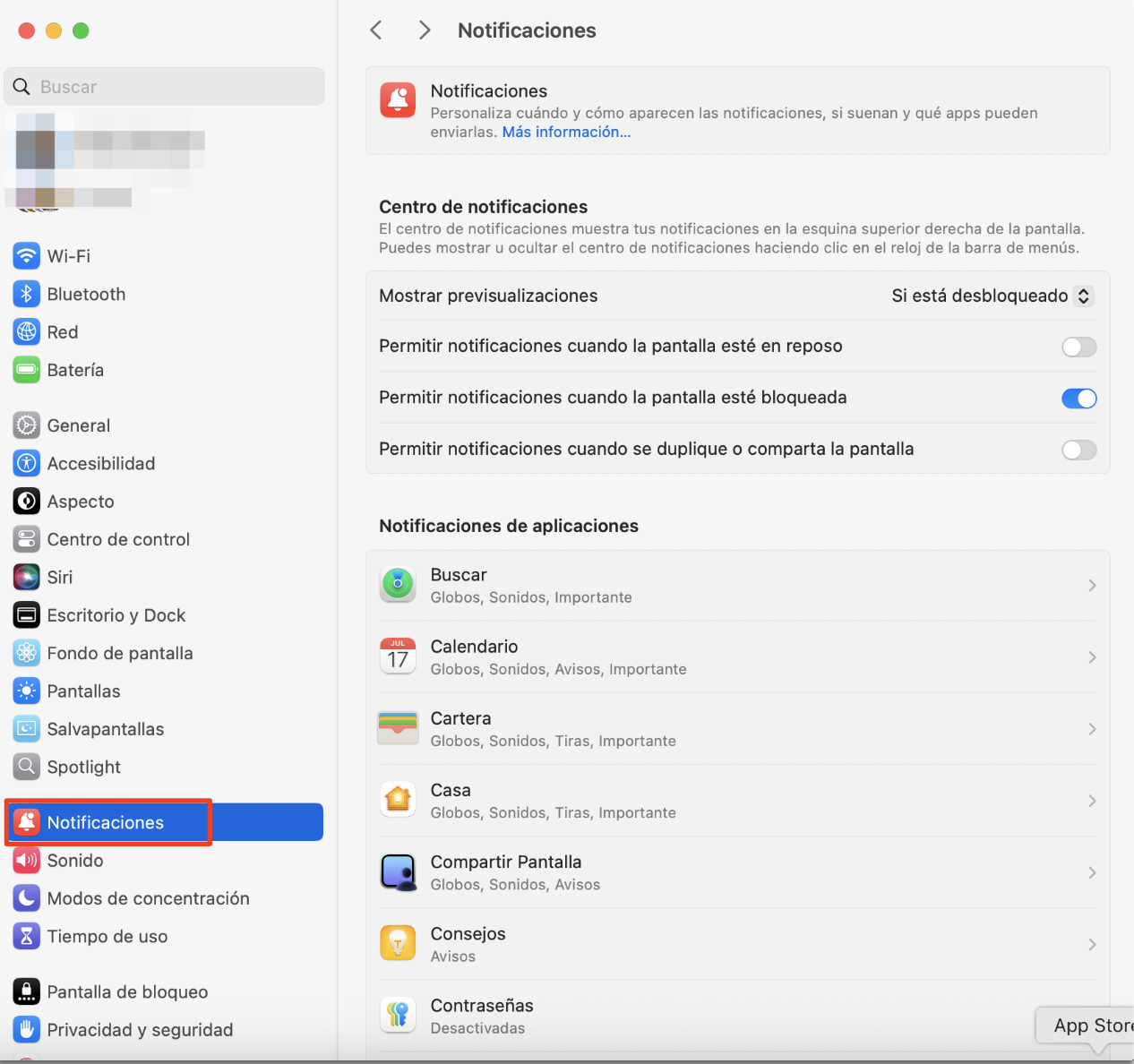 Ajustes del Sistema de Apple, con Notificaciones resaltado. Cómo bloquear notificaciones push, un paso en una guía sobre cómo eliminar las ventanas emergentes falsas de McAfee en Mac.