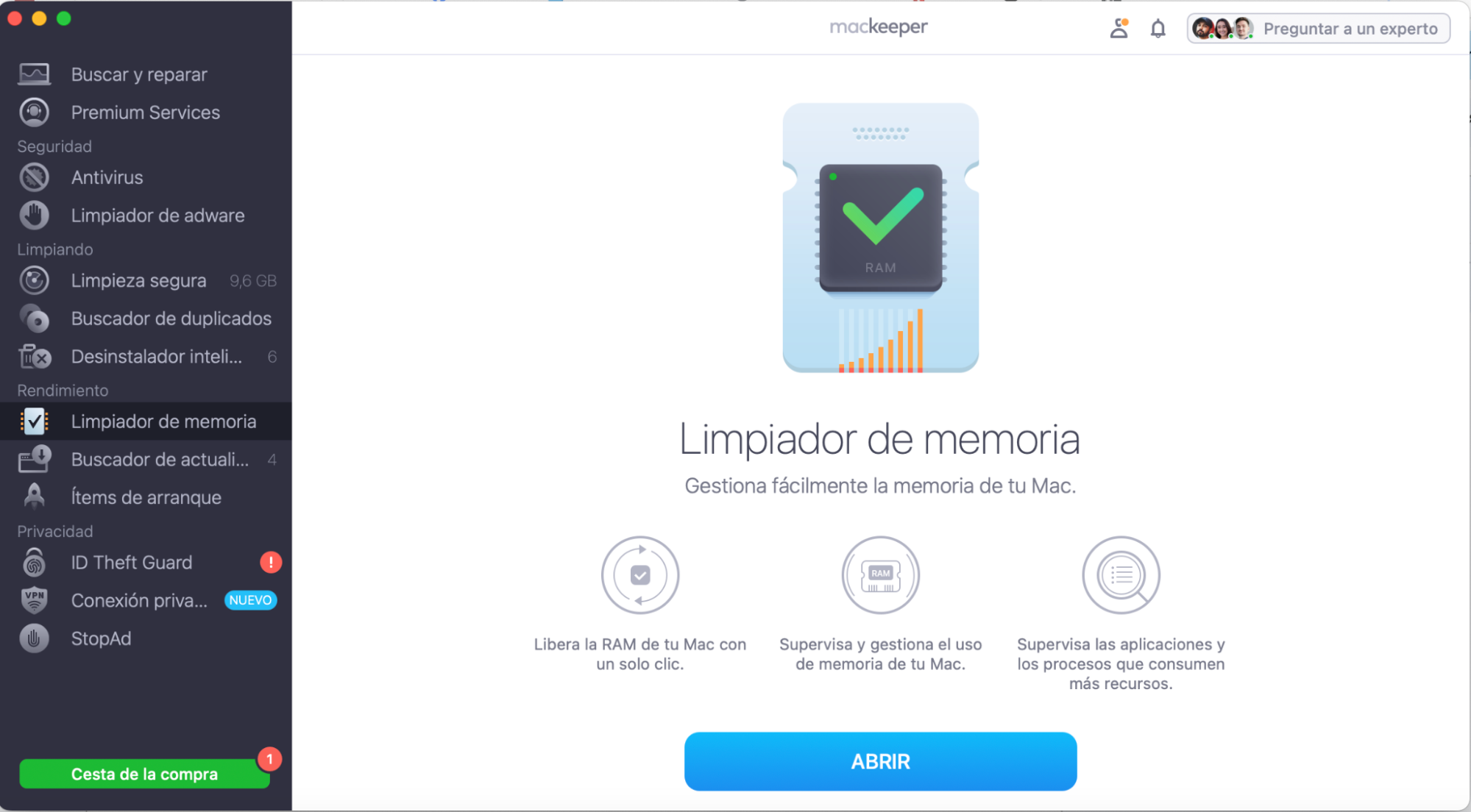 Para liberar memoria RAM en tu Mac y aumentar su rendimiento, ejecuta MacKeeper y selecciona Limpiador de memoria, luego haz clic en Abrir.