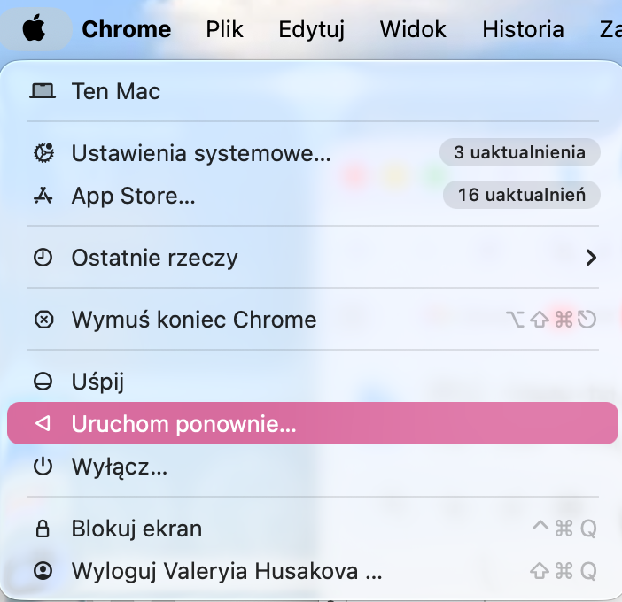Jeśli po zaktualizowaniu macOS do najnowszej wersji napotykasz problemy, jednym z rozwiązań jest ponowne uruchomienie Maca poprzez kliknięcie ikony Apple, a następnie wybranie opcji Uruchom ponownie.