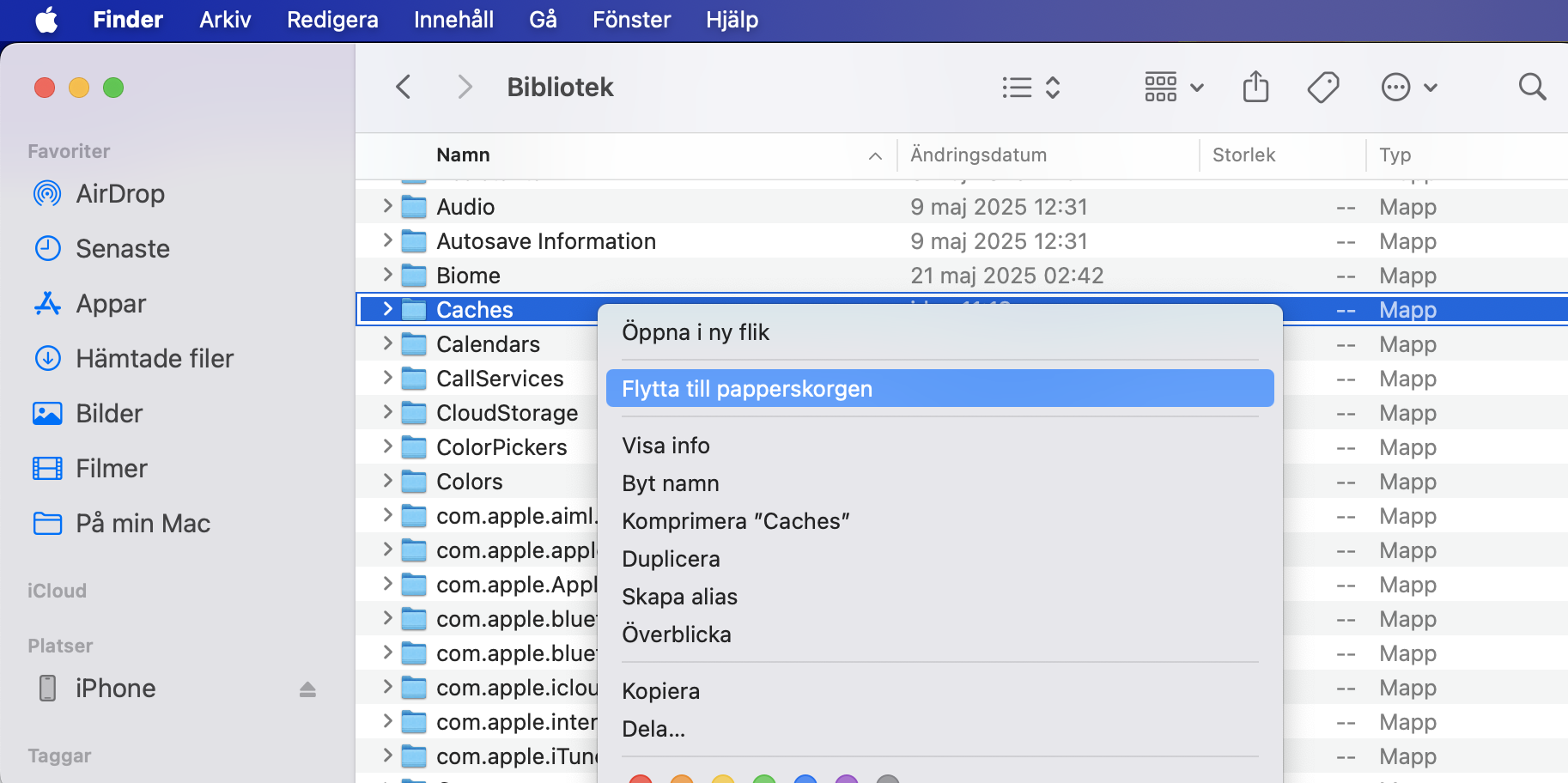Om du är intresserad av att radera cachefiler, navigera från Finder till Gå > Gå till mapp, skriv sedan ~/Library och hitta mappen Caches.