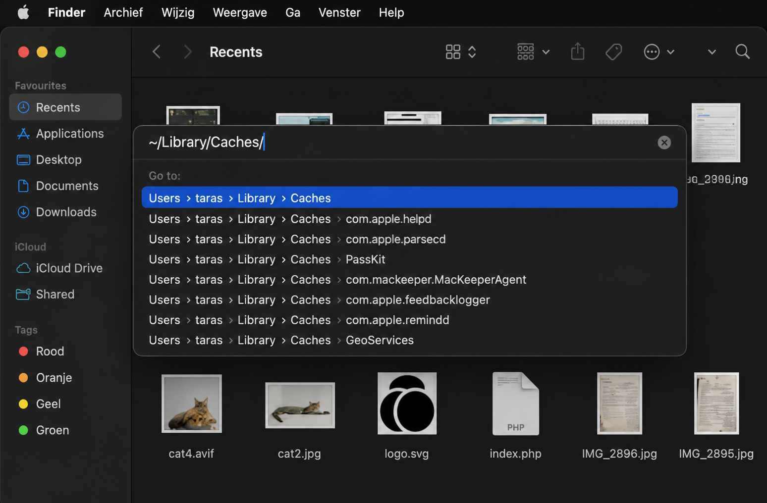 Na het sluiten van alle apps, open Finder, druk op Command+Shift+G, typ ~/Library/Caches/ in het vak Ga naar map en druk op Return om toegang te krijgen tot de caches.