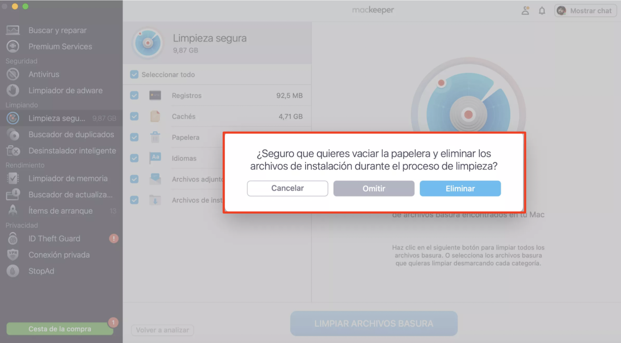 Después de marcar todas las casillas de los elementos de los que quieres deshacerte, selecciona Limpiar archivos basura. A continuación, pulsa eliminar  en la ventana emergente
