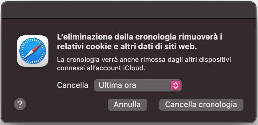 Seleziona l’intervallo di tempo che preferisci per cancellare la cronologia di Safari. Poi clicca su Cancella cronologia e attendi qualche istante mentre il Mac ottimizza il dispositivo.