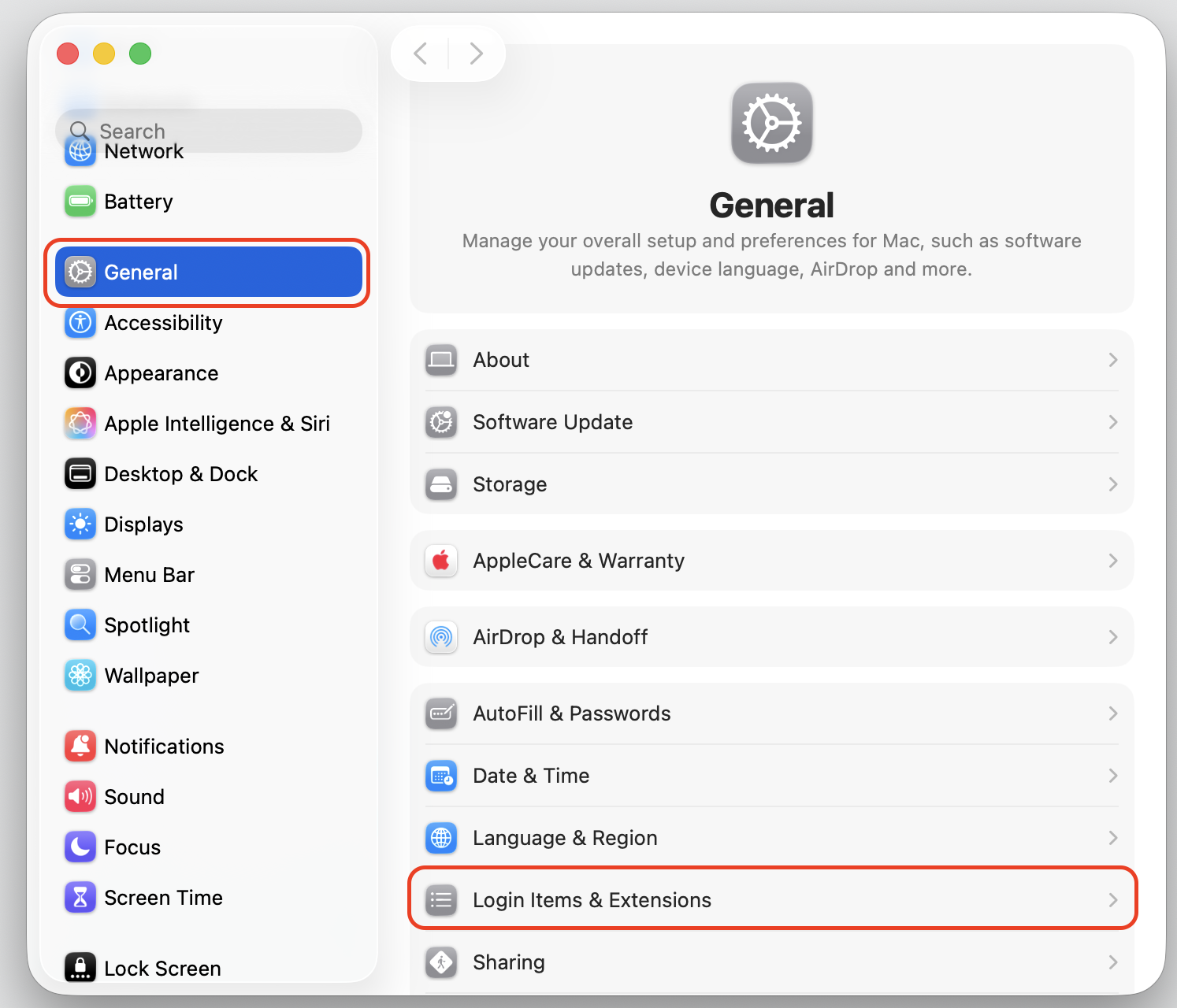 System Settings on macOS with the General tab and Login Items and Extensions panel open to find Chromium auto-launching on the Apple laptop.