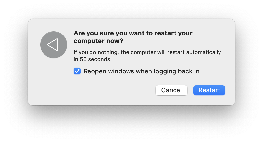 The Restart dialog box on Mac. Part of instructions on how to restore Safari bookmarks on a Mac.