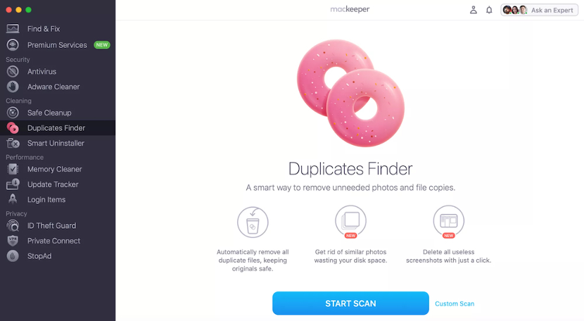 To remove duplicates from your Mac, open MacKeeper and select the Duplicates Finder section from the left sidebar.
