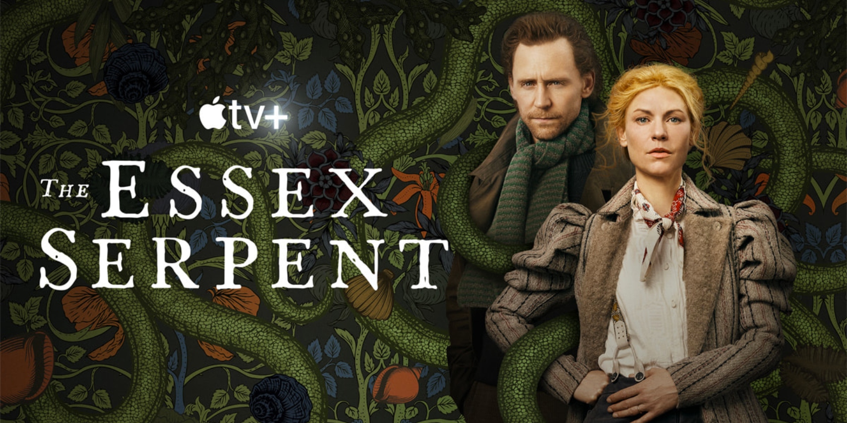 The Essex Serpent characters are depicted in Victorian attire and entangled with a green snake in the show's cover image The Essex Serpent characters are depicted in Victorian attire and entangled with a green snake in the show's cover image