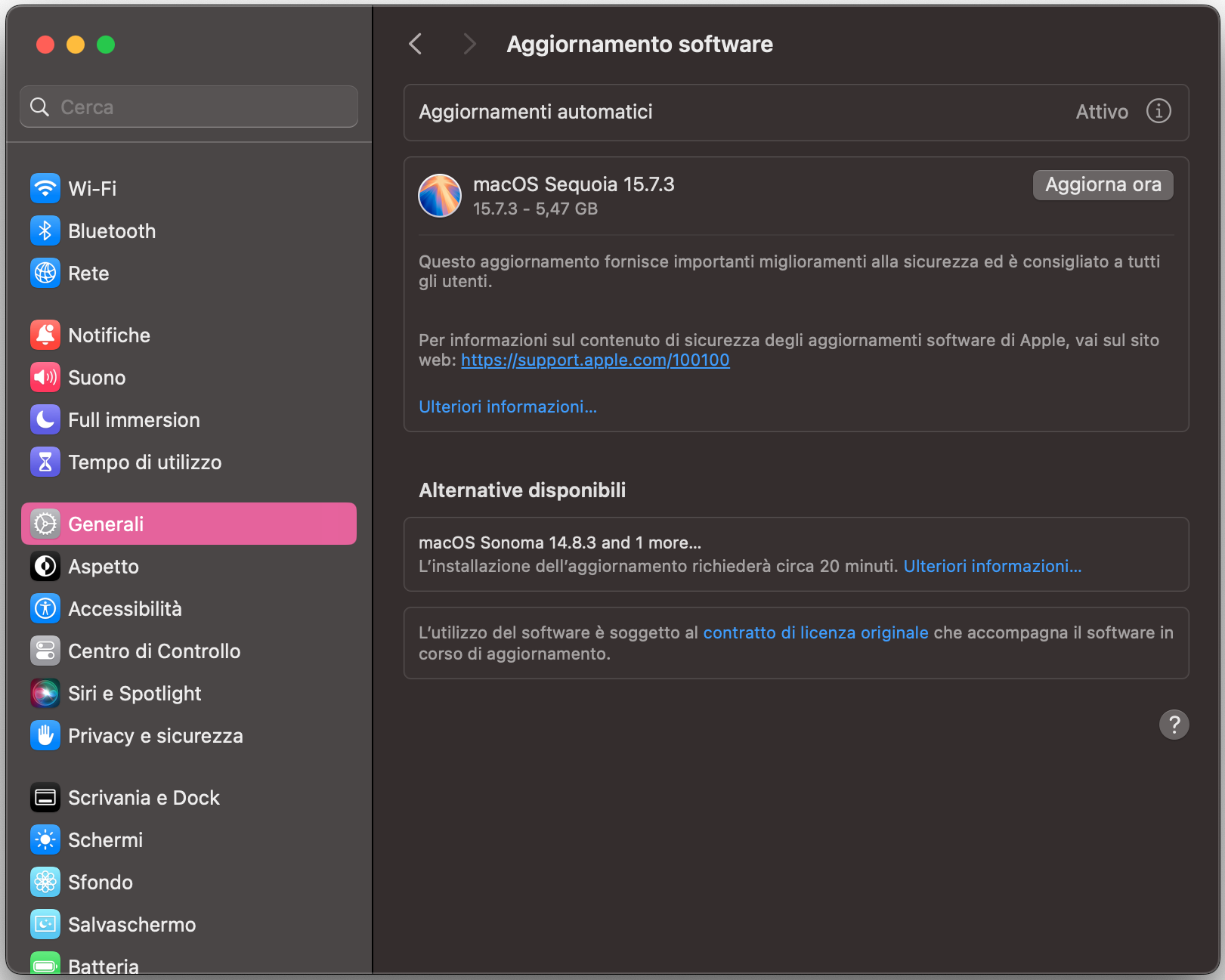Per applicare un aggiornamento, fai clic su Aggiornamento software disponibile, poi su Aggiorna ora. Potrai anche visualizzare le informazioni relative all’aggiornamento.