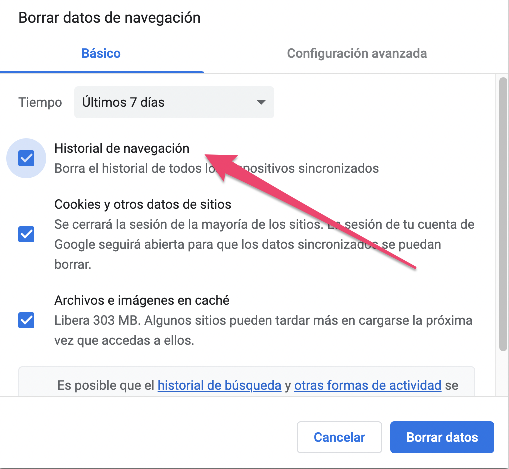 Borrar datos de navegación