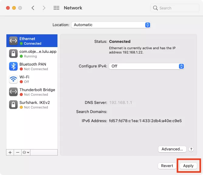 network preferences ethernet tab
